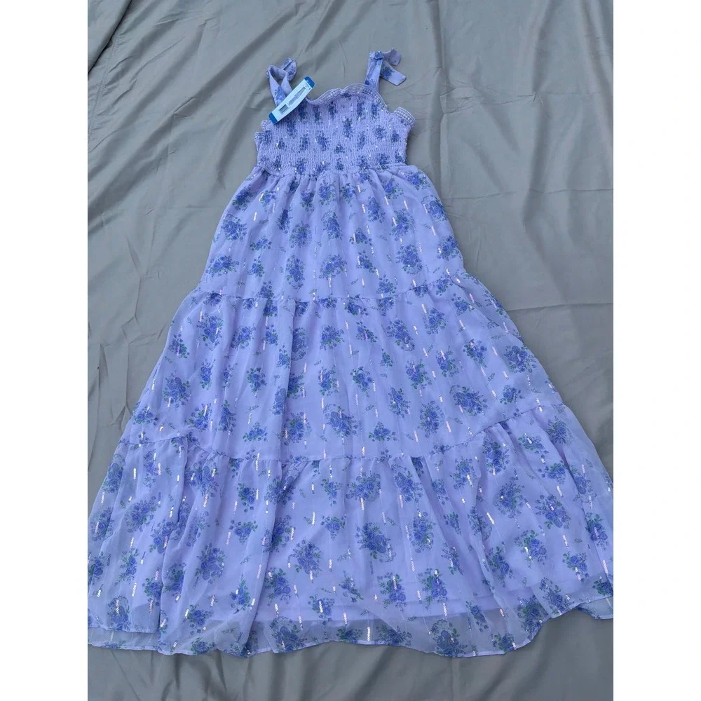 Cottagecore Girls Rare Editions Tiered Maxi Dress L 10/12 Purple Floral Sequin